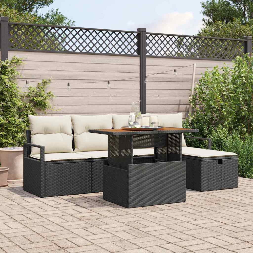 Garten-Sofa-Set mit Kissen 6 pcs Schwarz Poly Rattan